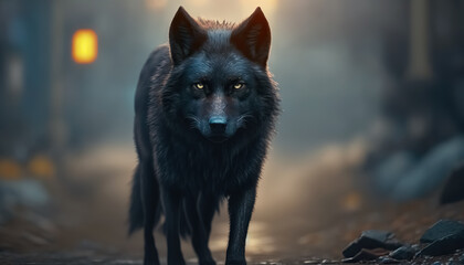Portrait of a black canadian wolf. animal wildlife. digital ai art

