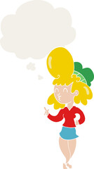 cartoon woman with big hair and thought bubble in retro style