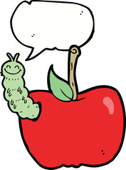 cartoon apple with bug with speech bubble