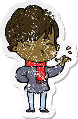 distressed sticker of a cartoon woman thinking