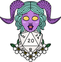 tiefling with natural twenty dice roll illustration