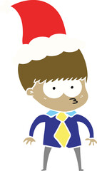 nervous flat color illustration of a boy wearing shirt and tie wearing santa hat