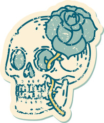 distressed sticker tattoo style icon of a skull and rose