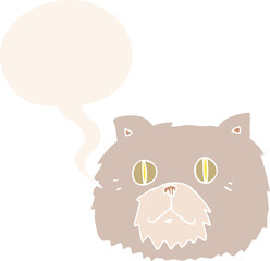 cartoon cat face and speech bubble in retro style