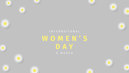International women's day banner. White daisy flowers on gray background