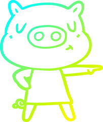 cold gradient line drawing cartoon content pig in dress pointing