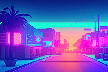 Fototapeta na wymiar Retro futuristic synthwave retrowave styled night cityscape with sunset on background. Cover for retro wave music. Generative AI