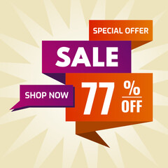 special offer sale buy now 77 percent off purple and orange
