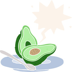 cartoon halved avocado and speech bubble in retro style