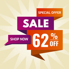 special offer sale buy now 62 percent off purple and orange
