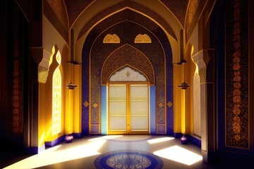 Islamic background painting. Mosque and shadows. Light rays from mosque window or door. Prayer's vision, generative ai. Muslim art.