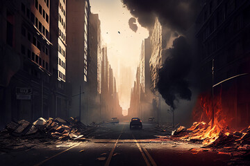 Post-apocalyptic burnt out street in a city. generative AI