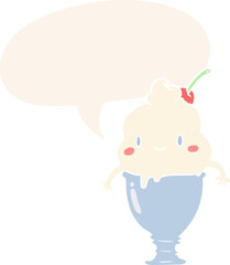 Naklejka premium cute cartoon ice cream and speech bubble in retro style