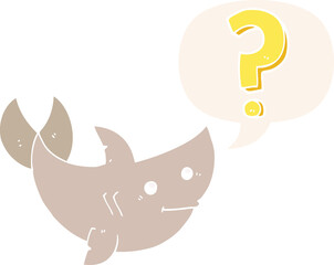 cartoon shark asking question and speech bubble in retro style