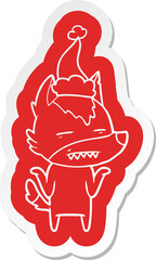 cartoon  sticker of a wolf showing teeth wearing santa hat