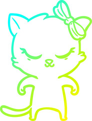 cold gradient line drawing cute cartoon cat with bow