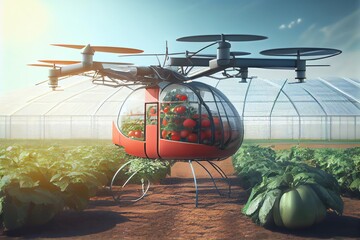 Industrial modern 4.0 greenhouse to grow tomatoes with robots drone. Concept technology innovations farming. Generative AI