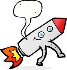 cartoon happy rocket with speech bubble