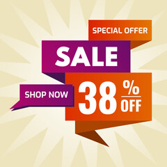 special offer sale buy now 38 percent off purple and orange

