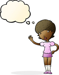 cartoon girl waving with thought bubble