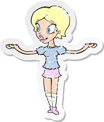 retro distressed sticker of a cartoon woman with arms spread wide