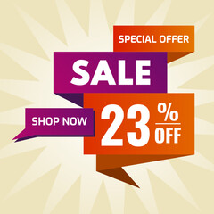 special offer sale buy now 23 percent off purple and orange
