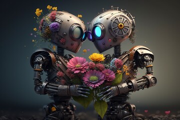 Couple of robots in love with flowers. AI generative illustration