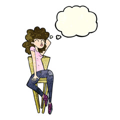 cartoon woman posing on chair with thought bubble