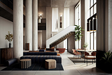 Interior of a hotel loby, high ceiling, concrete poles. generative AI