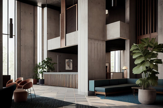 Interior of a hotel loby, high ceiling, concrete poles. generative AI