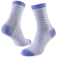 A pair of white voluminous socks with blue stripes, on a white background