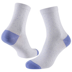 A pair of voluminous white socks with blue heels and toes and small polka dots, on a white...