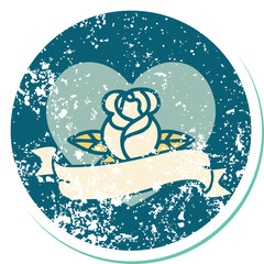 distressed sticker tattoo style icon of a heart rose and banner