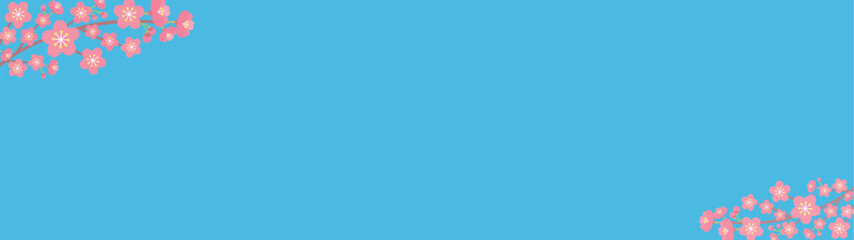 桜の花で飾った青空のような水色のバナー - 春・お祝いの背景素材
