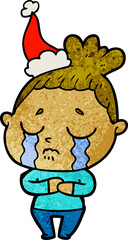 textured cartoon of a crying woman wearing santa hat