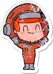 distressed sticker of a happy cartoon astronaut man