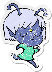 distressed sticker of a cartoon alien girl
