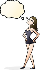 cartoon woman in party dress with thought bubble