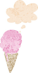 cartoon ice cream and thought bubble in retro textured style