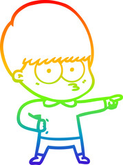 rainbow gradient line drawing nervous cartoon boy pointing