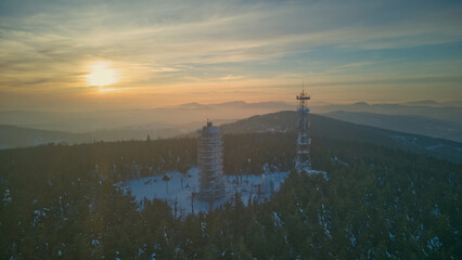 Aerial view of Wielka Sowa (Great Owl) during sunset - highest peak of the Owl Mountains in Central Sudetes, Poland - obrazy, fototapety, plakaty