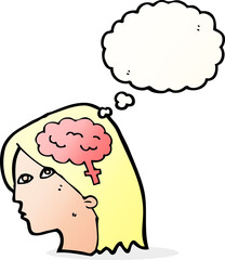 cartoon female head with brain symbol with thought bubble