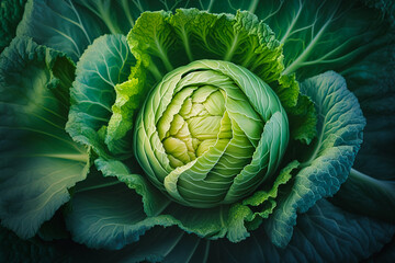 Obraz premium Fresh head of cabbage growing in the garden, large close-up. Healthy eating concept. Generative ai