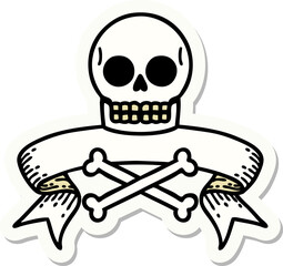 tattoo sticker with banner of a skull and bones