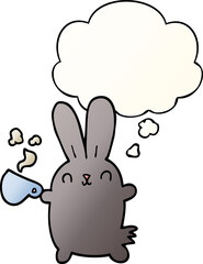 cute cartoon rabbit with coffee cup and thought bubble in smooth gradient style