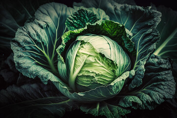 Obraz premium Fresh head of cabbage growing in the garden, large close-up. Healthy eating concept. Generative ai