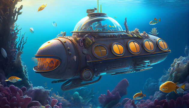 Illustration of a fantasy submarine. Generative AI.