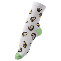 Volumetric sock with a pattern of many slices of avocado, outstretched toes, on a white background, isolate