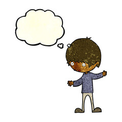 cartoon boy with outstretched arms with thought bubble