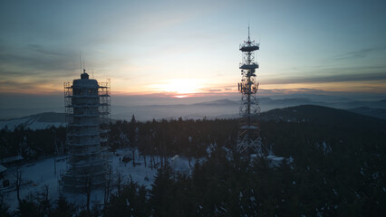 Aerial view of Wielka Sowa (Great Owl) during sunset - highest peak of the Owl Mountains in Central Sudetes, Poland © Robert